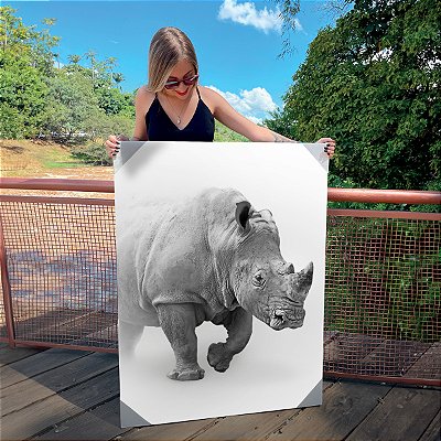 Quadro Decorativo Canvas Rinoceronte Abstrato Fundo Cinza Animal Silvestre Vertical