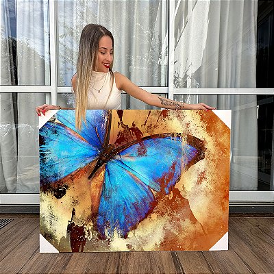 Quadro Decorativo Canvas Pintura de Borboleta Azul Estilo Nórdico Horizontal