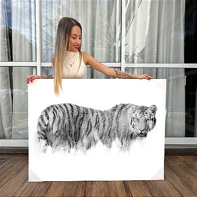 Quadro Decorativo Canvas Animal Silhueta de Tigre Preto e Branco Horizontal