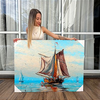 Quadro Decorativo Canvas Paisagem Pintura Abstrata à Óleo Barco a Vela Horizontal