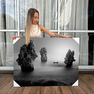 Quadro Decorativo Canvas Paisagem Rochas ao Mar Black and White Horizontal
