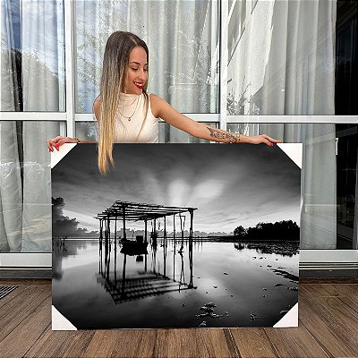 Quadro Decorativo Canvas Paisagem Barco de Pesca Malásia Black and White Horizontal