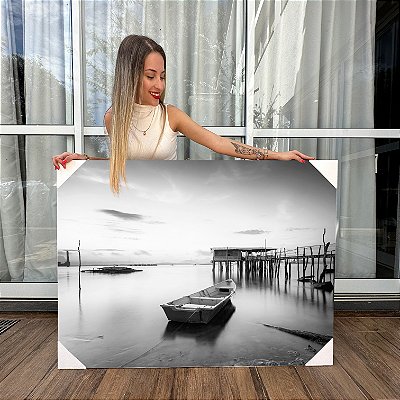 Quadro Decorativo Canvas Paisagem de Barco No Lago Black and White Horizontal
