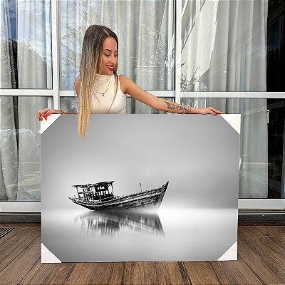 Quadro Decorativo Canvas Paisagem Barco Navegando Black and White Deluxe Horizontal