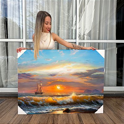 Quadro Decorativo Canvas Paisagem Pintura a Óleo Barco navegando ao mar sob Por do Sol Horizontal