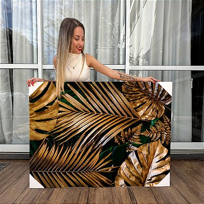 Quadro Decorativo Canvas Folhas de Costela de Adão e Palmeira Douradas Horizontal