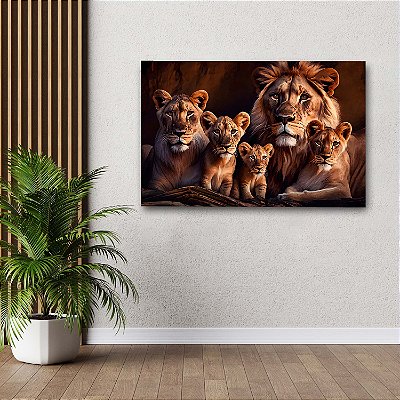 Quadro Decorativo Canvas Família Leão 3 filhotes Horizontal