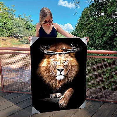 Quadro Decorativo Canvas Leão Colorido Cruz e Coroa de Espinho Vertical