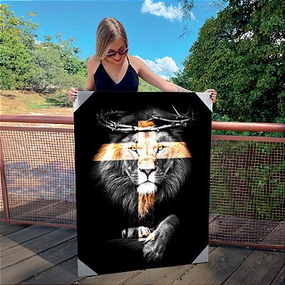 Quadro Decorativo Canvas Leão Preto e Branco Cruz e Coroa de Espinho Vertical