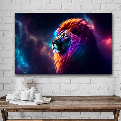 Quadro Decorativo Canvas Leão Colorido Abstrato Horizontal