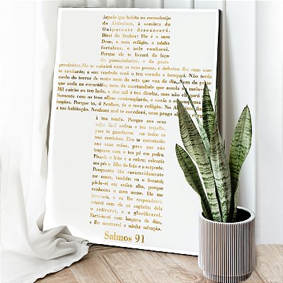 Quadro Decorativo Canvas Salmo 91 Fundo Branco Letras Douradas Vertical