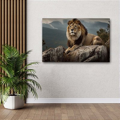 Quadro Decorativo Canvas Animal Selvagem Leão de Judá Rei da Floresta nas Montanhas Horizontal