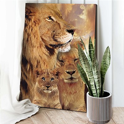 Quadro Decorativo Canvas Familia Leão com 1 filhote