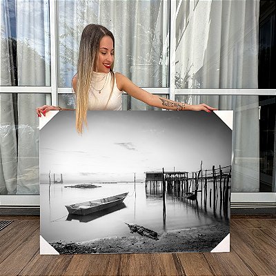 Quadro Decorativo Canvas Paisagem de Ponte e Barco No Lago Black and White Horizontal