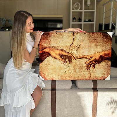 Quadro Decorativo Flutuante Pintura Michelangelo Mão de Deus Horizontal