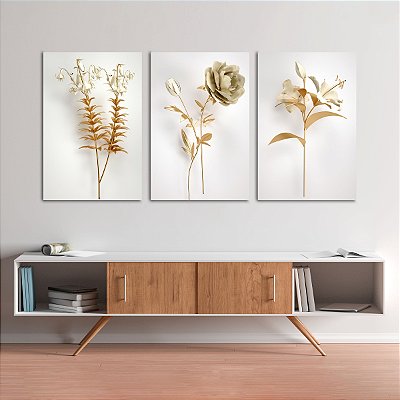 Quadros Decorativos Trio em Canvas Flores Douradas