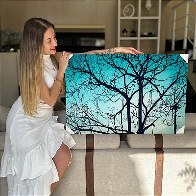 Quadro Decorativo Flutuante Paisagem Arvores Galhos Secos Céu Azul Horizontal
