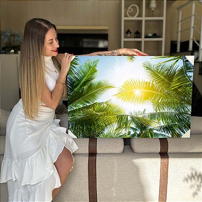 Quadro Decorativo Flutuante Paisagem Folhas de Palmeiras Sob o Sol Horizontal