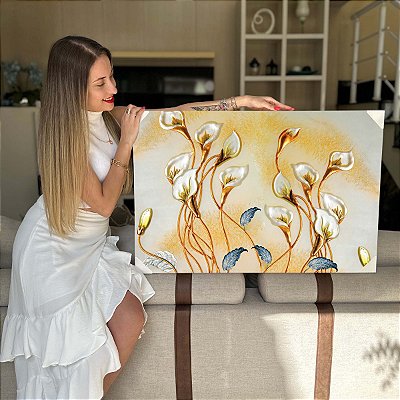 Quadro Decorativo Canvas Florais Artístico Copo de Leite Dourado Horizontal
