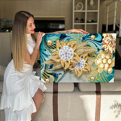 Quadro Decorativo Canvas Abstrato Floral Pérola Artístico Flor Dourada Horizontal