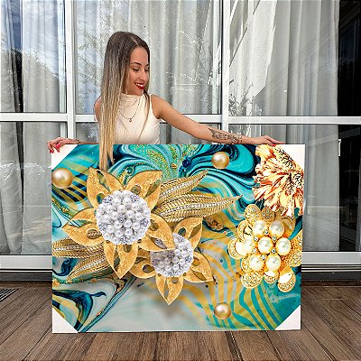Quadro Decorativo Canvas Abstrato Floral Pérola Artístico Flor Dourada Horizontal