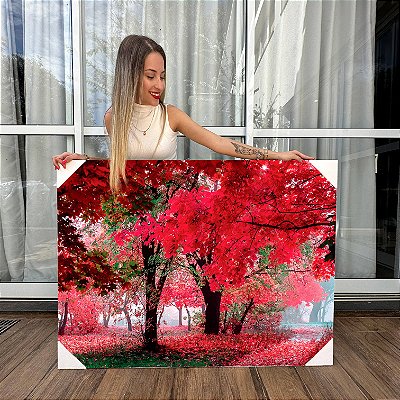 Quadro Decorativo Canvas Paisagem Natureza Parque de Árvores com Folhas Vermelhas Horizontal