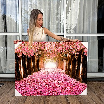 Quadro Decorativo Canvas Paisagem de Túnel de Árvores de Flores Cor de Rosa Horizontal