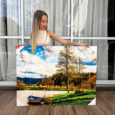 Quadro Decorativo Canvas Paisagem Outono Barco Azul na Represa Horizontal