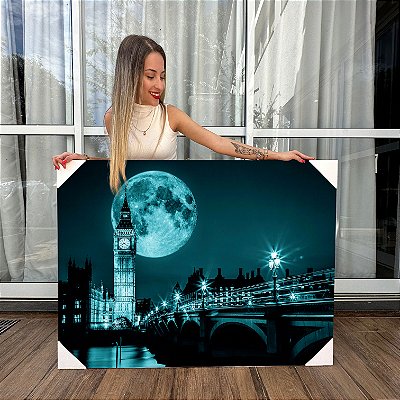 Quadro Decorativo Canvas Paisagem de Torre Big Ben e Westminster em Londres sob a Lua Cheia Horizontal