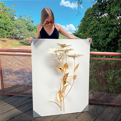 Quadro Decorativo Canvas Floral Dourada Vertical