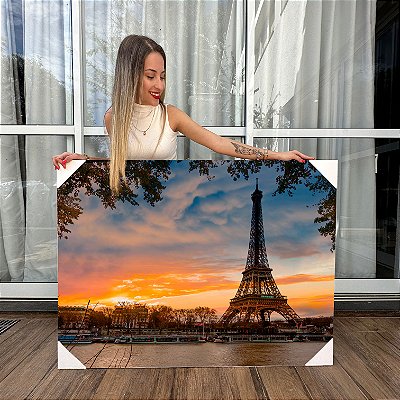 Quadro Decorativo Canvas Paisagem de Entardecer Torre Eiffel em Paris França Horizontal