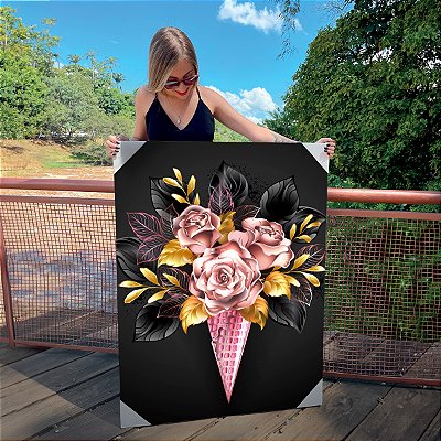 Quadro Decorativo Canvas Floral Buquê de Rosas Fundo Preto