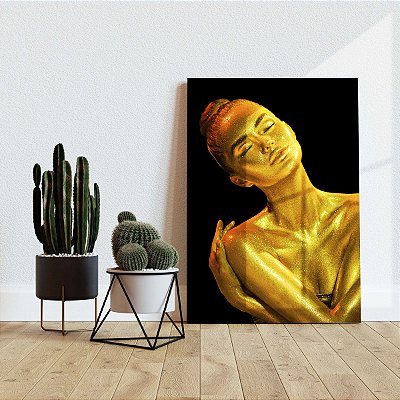 Quadro Decorativo Canvas Mulher Corpo Dourado se Abraçando Luxo