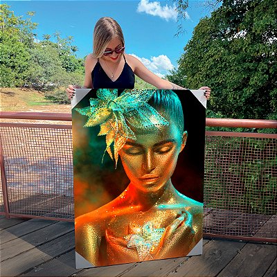 Quadro Decorativo Canvas Mulher Corpo Dourado Olhos Fechados Vertical