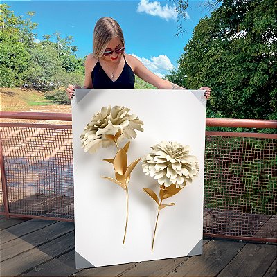 Quadro Decorativo Canvas Flor Dourada e Branca