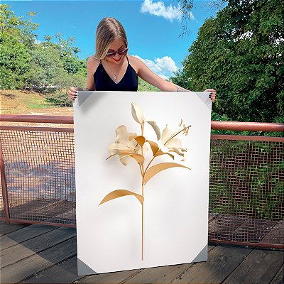 Quadro Decorativo Canvas Flor Dourada e Branca Gold