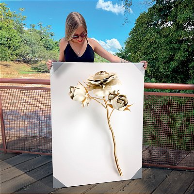 Quadro Decorativo Canvas Floral Rosas Brancas e Douradas Gold Vertical
