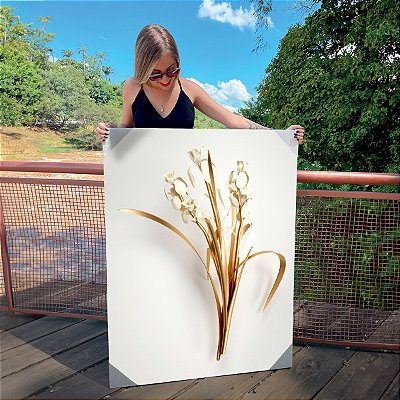 Quadro Decorativo Canvas Floral Ramo de Flores Brancas e Douradas Gold