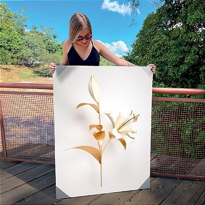Quadro Decorativo Canvas Floral Ramo de Flores Brancas e Douradas Gold