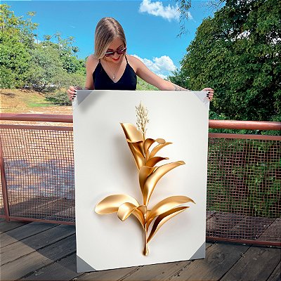 Quadro Decorativo Canvas Floral Flor Branca e Dourada Gold