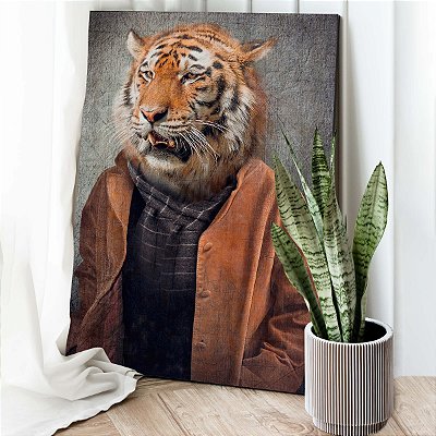 Quadro Decorativo Canvas Animal Silvestre Tigre Sério Perfil de Jaqueta e Cachecol