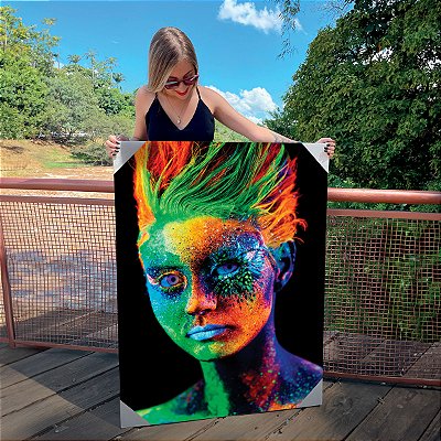 Quadro Decorativo Canvas Beleza Feminina Mulher com Maquiagem Neon Fundo Preto