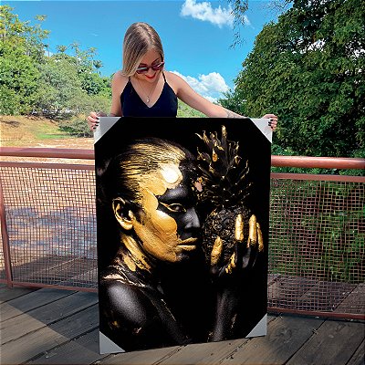 Quadro Decorativo Canvas Beleza Feminina Mulher com Maquiagem Preta e Dourada