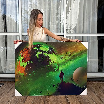 Quadro Decorativo Canvas Composição Abstrata de Astronauta sobre Rocha Olhando para um Planeta Horizontal