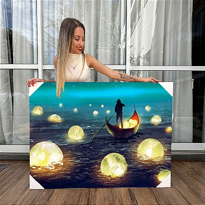 Quadro Decorativo Canvas Composição Abstrata de Barco no Mar com Luas Boiando Horizontal