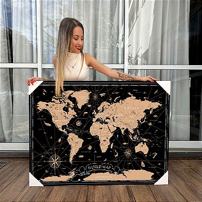 Quadro Decorativo Canvas Abstrato Mapa Mundi Vintage Preto Horizontal