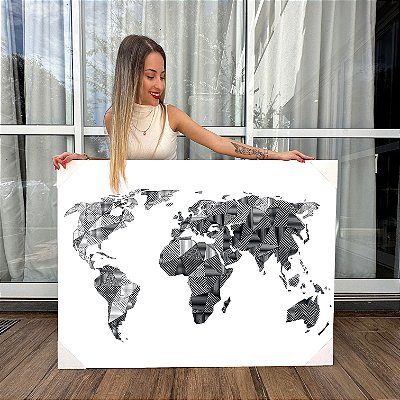 Quadro Decorativo Canvas Asbtrato Mapa Mundi Vintage Branco Horizontal