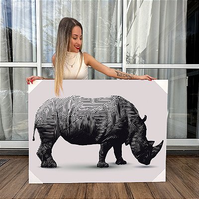 Quadro Decorativo Canvas Composição Abstrata de Animal Rinoceronte Preto e Branco Horizontal