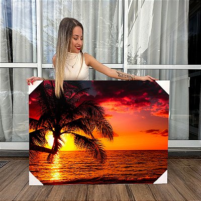 Quadro Decorativo Canvas Paisagem Tropical Pôr Do Sol Na Praia Horizontal