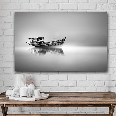 Quadro Decorativo Flutuante Paisagem Barco Navegando Black and White Deluxe Horizontal